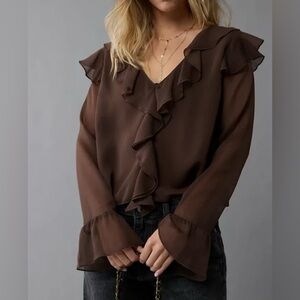NWT AE Chiffon Bell Sleeve Ruffle Brown Blouse SZ L Polyester Boho Style Pretty